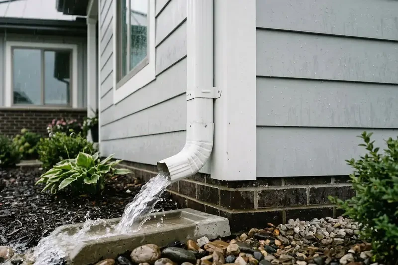Downspout draining water onto splash block during rain