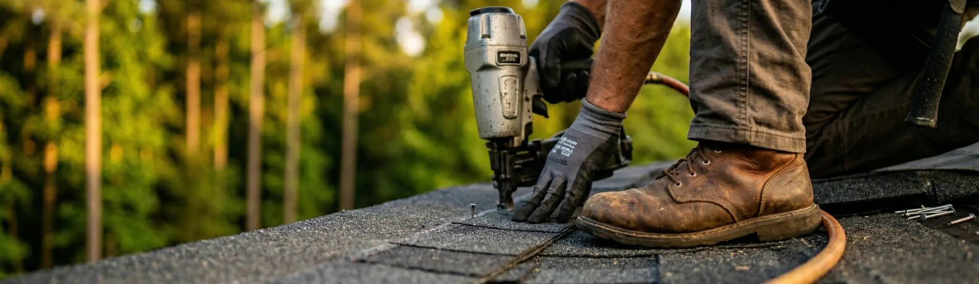 Roofer nailing shingles with pneumatic nail gun at golden hour