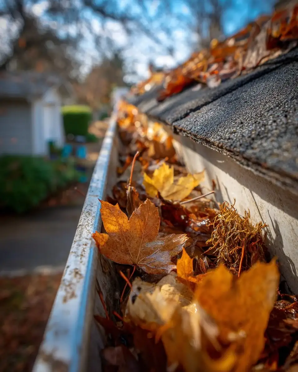 Clogged gutter full of leaves on a home in North Georgia