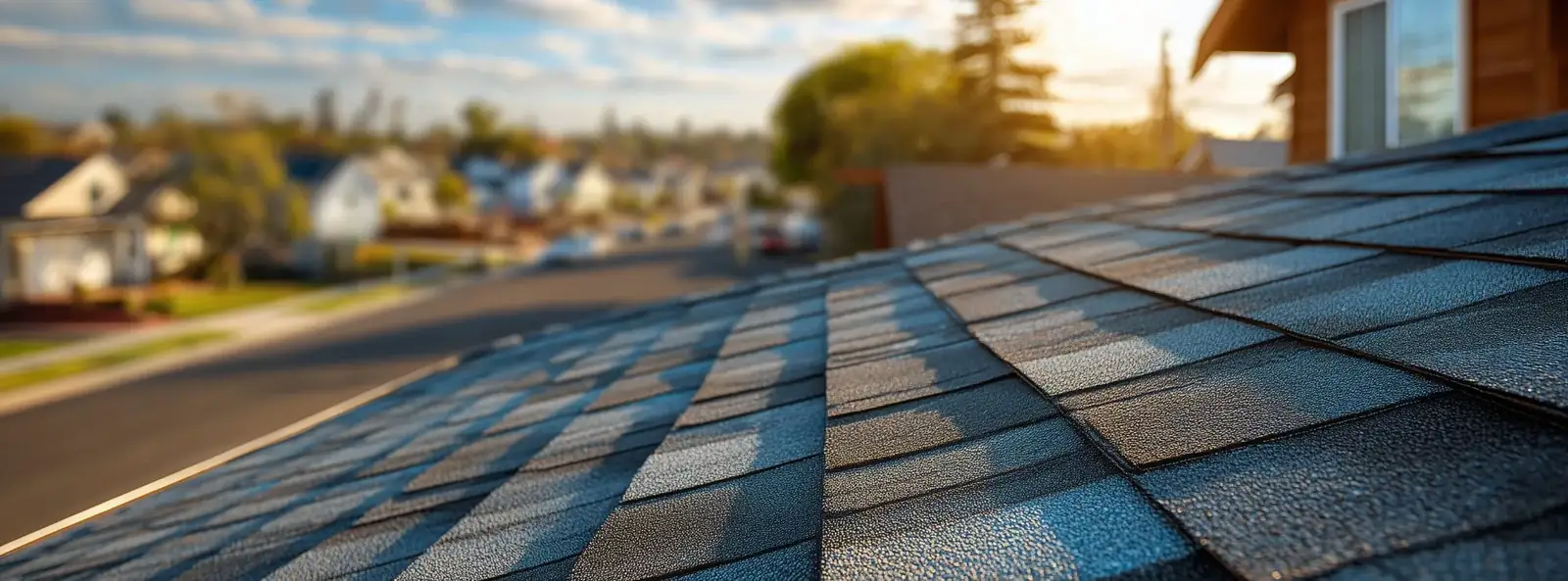 Close-up of new architectural shingles on a completed roof replacement