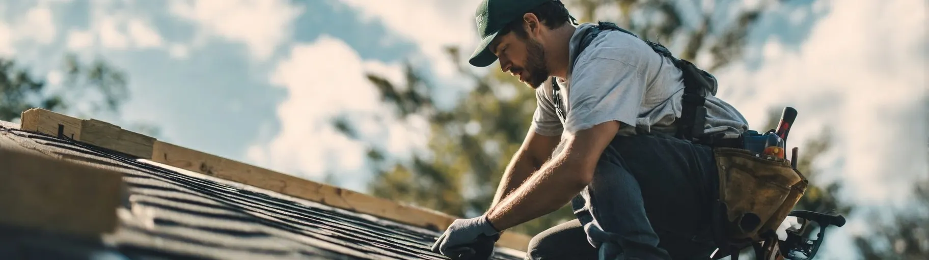 Roofer working on residential roof with tool belt