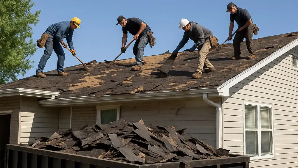 Roofing crew performing full tear-off of old shingles