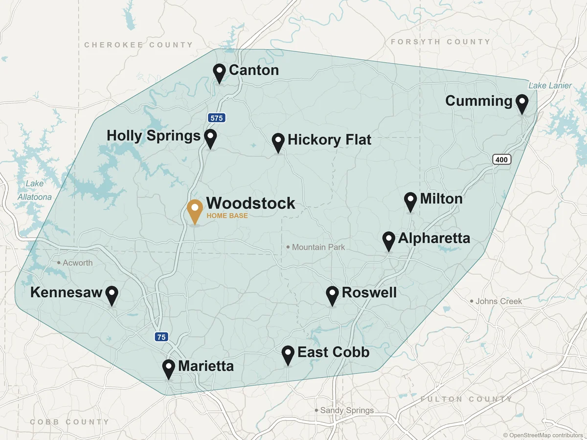 Map of our service area around Woodstock, GA: Canton, Holly Springs, Hickory Flat, Cumming, Milton, Alpharetta, Roswell, East Cobb, Marietta and Kennesaw