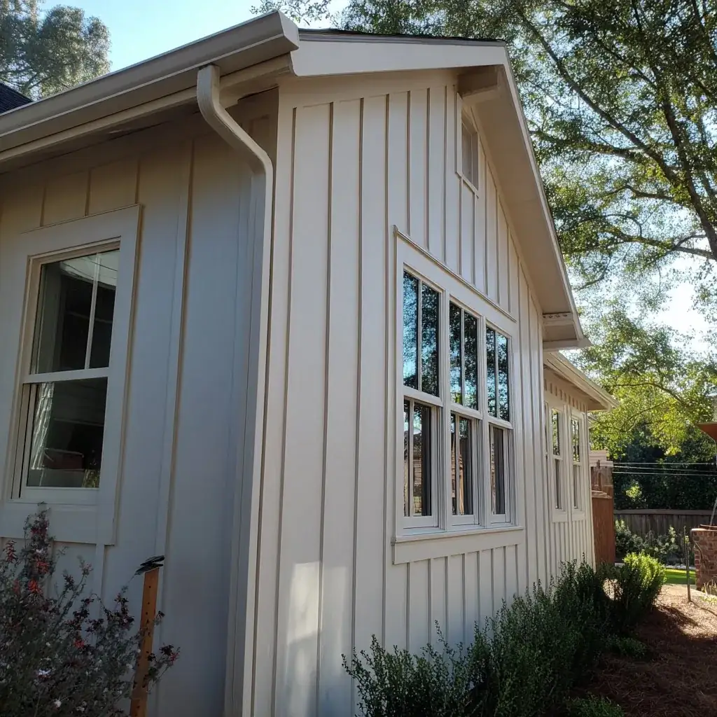 Board and batten siding on a modern home exterior