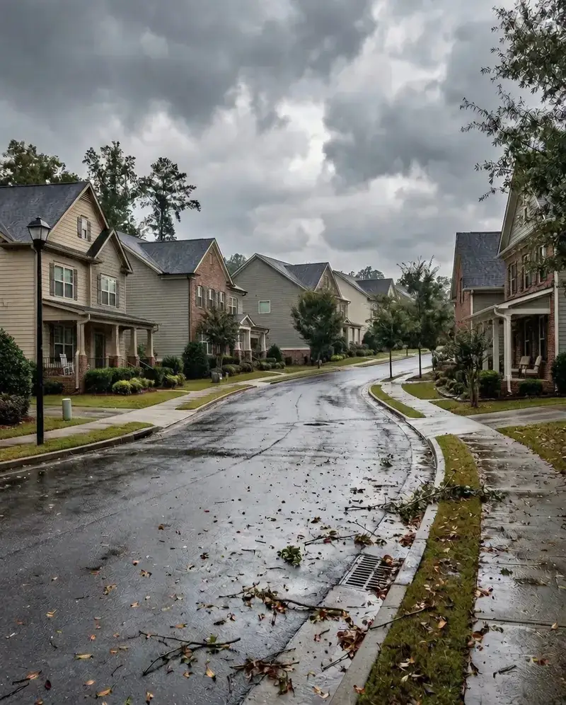North Georgia neighborhood street after storm with scattered debris and overcast sky