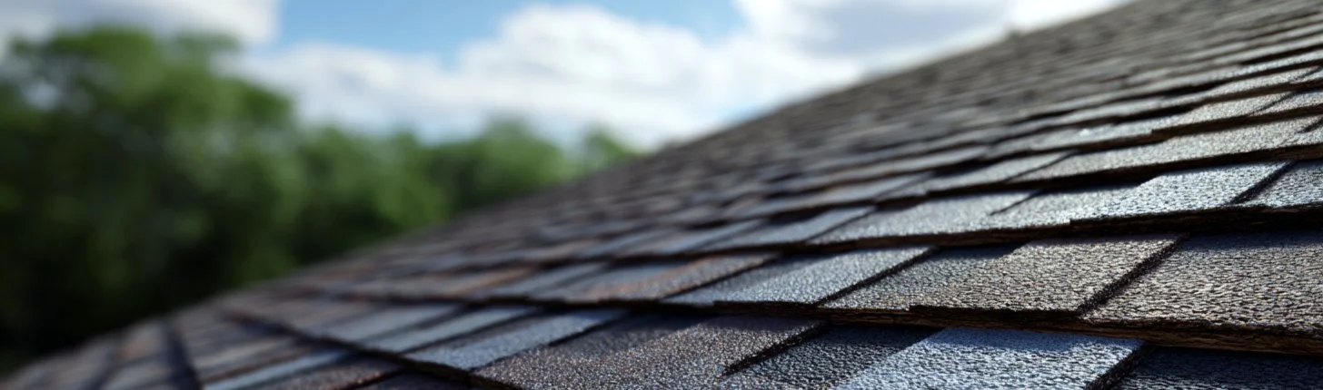 Close-up of architectural asphalt shingles with trees and sky in background